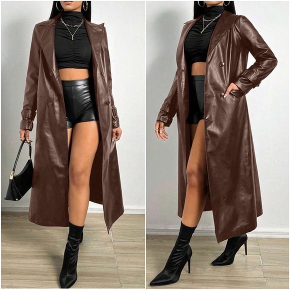 Luxe Vegan Leather Button up Trench Coat - Picture 5 of 6